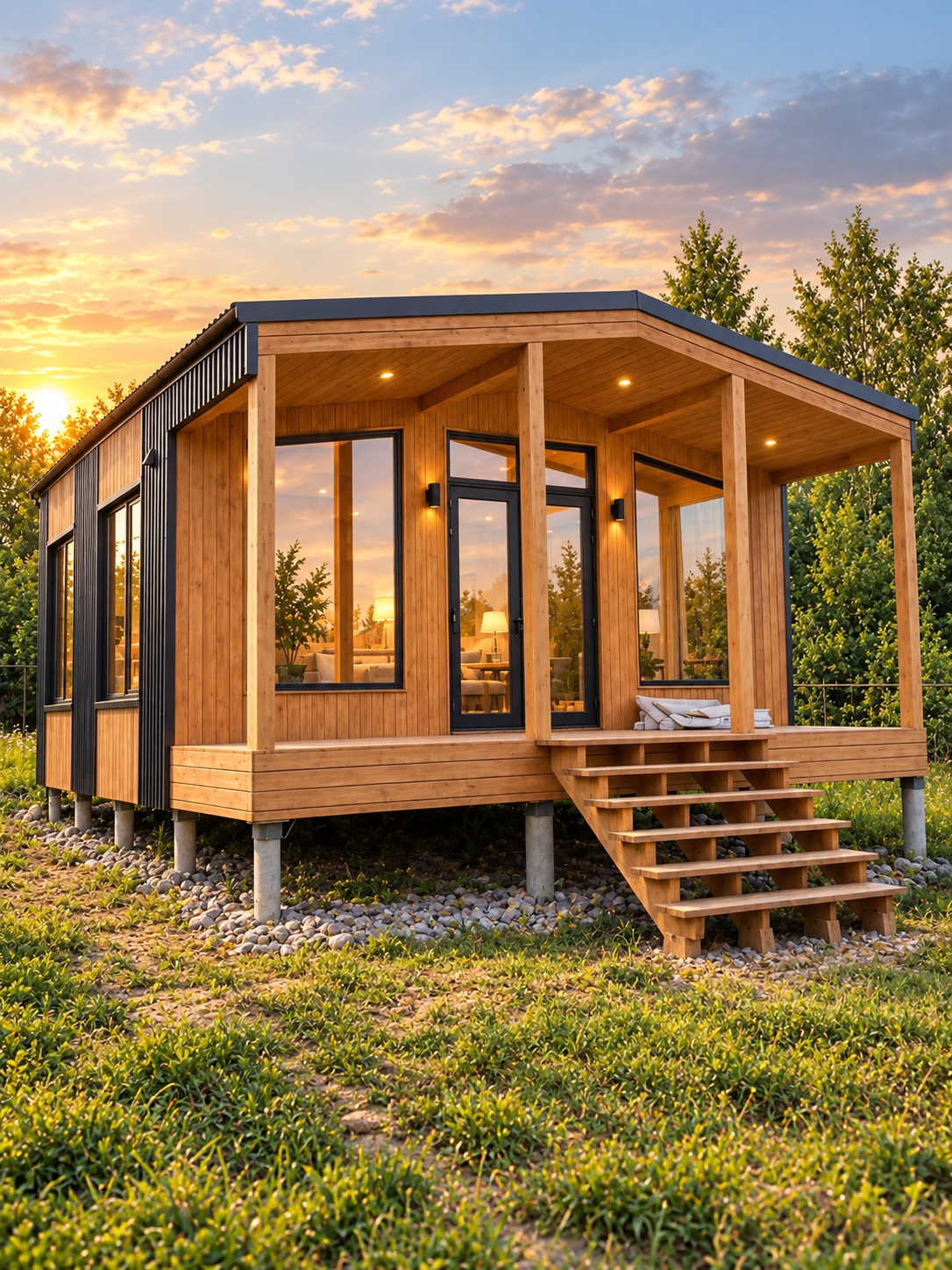 Barn House: каркасный дом с панорамным остеклением и открытой террасой на закате