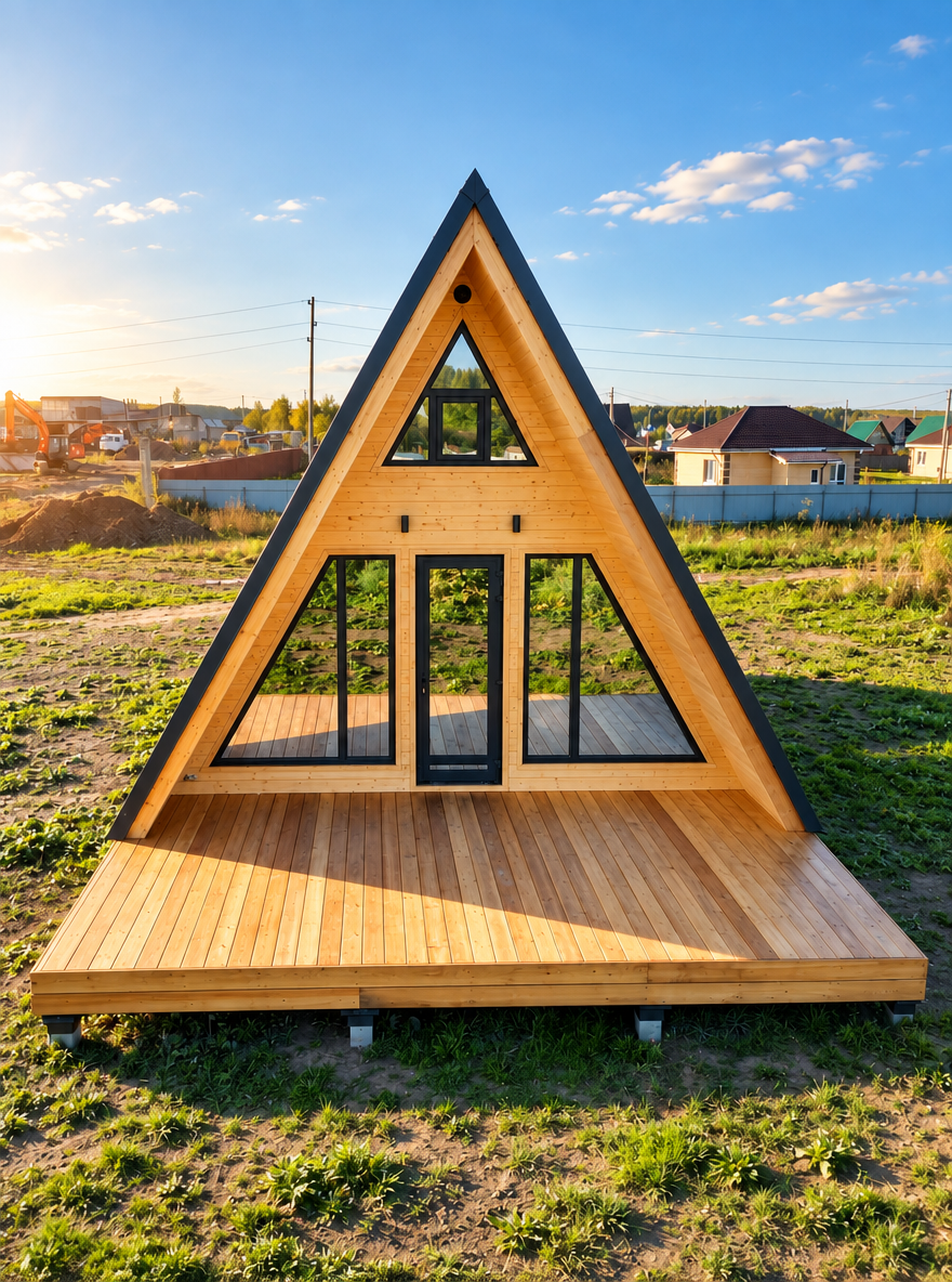 A-frame: каркасный дом-шатёр с панорамными окнами и террасой