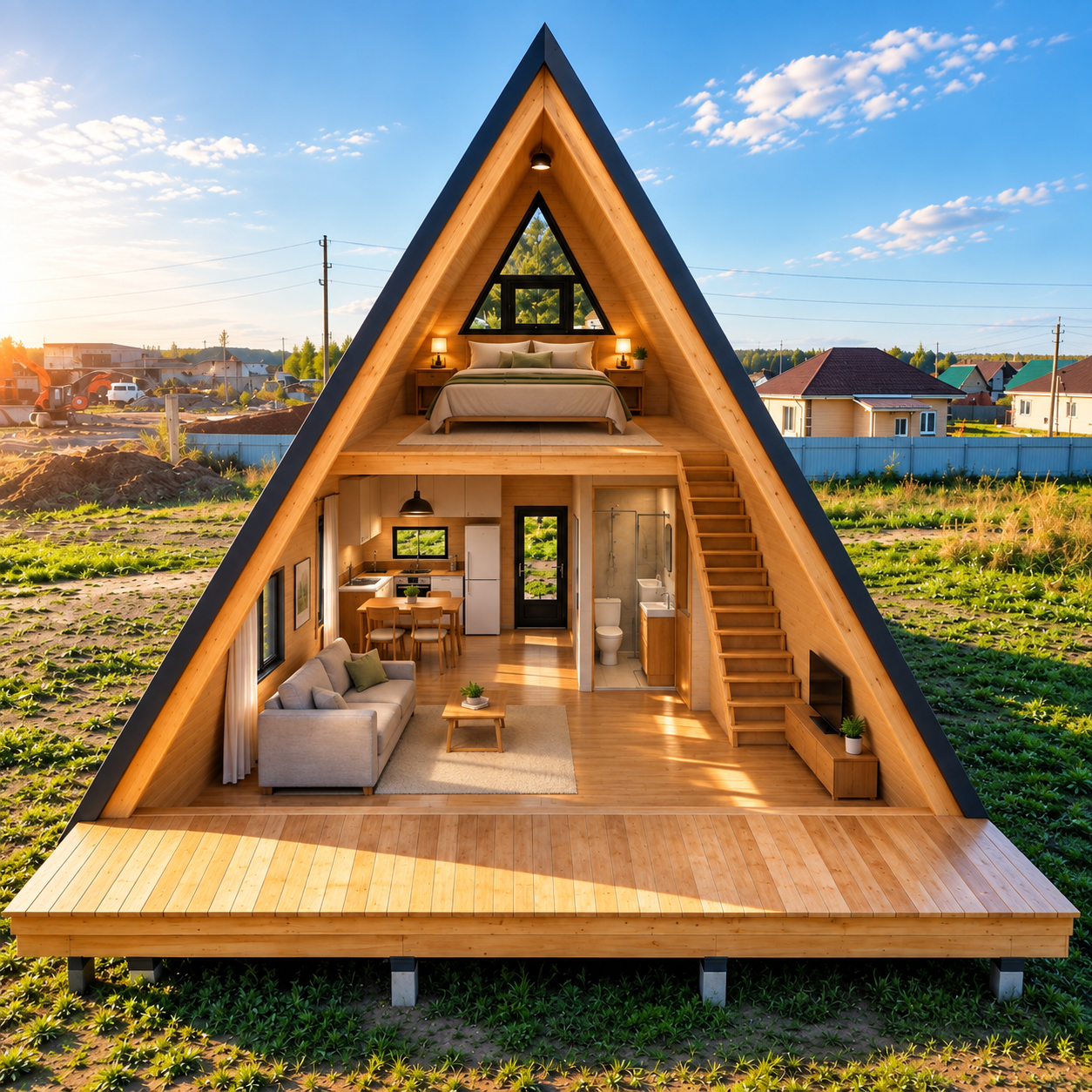 Современный деревянный дом-шатёр (A-frame) с открытым разрезом: планировка гостиной, кухни, ванной и спальни на мансарде